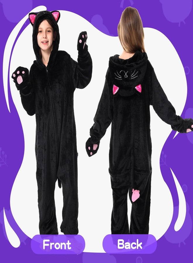 ACTLATI Girls Black Cat Costume Halloween Jumpsuit Zip-Up Hooded One Piece Romper for Animal Cosplay Party Age 6-13 - Image 5